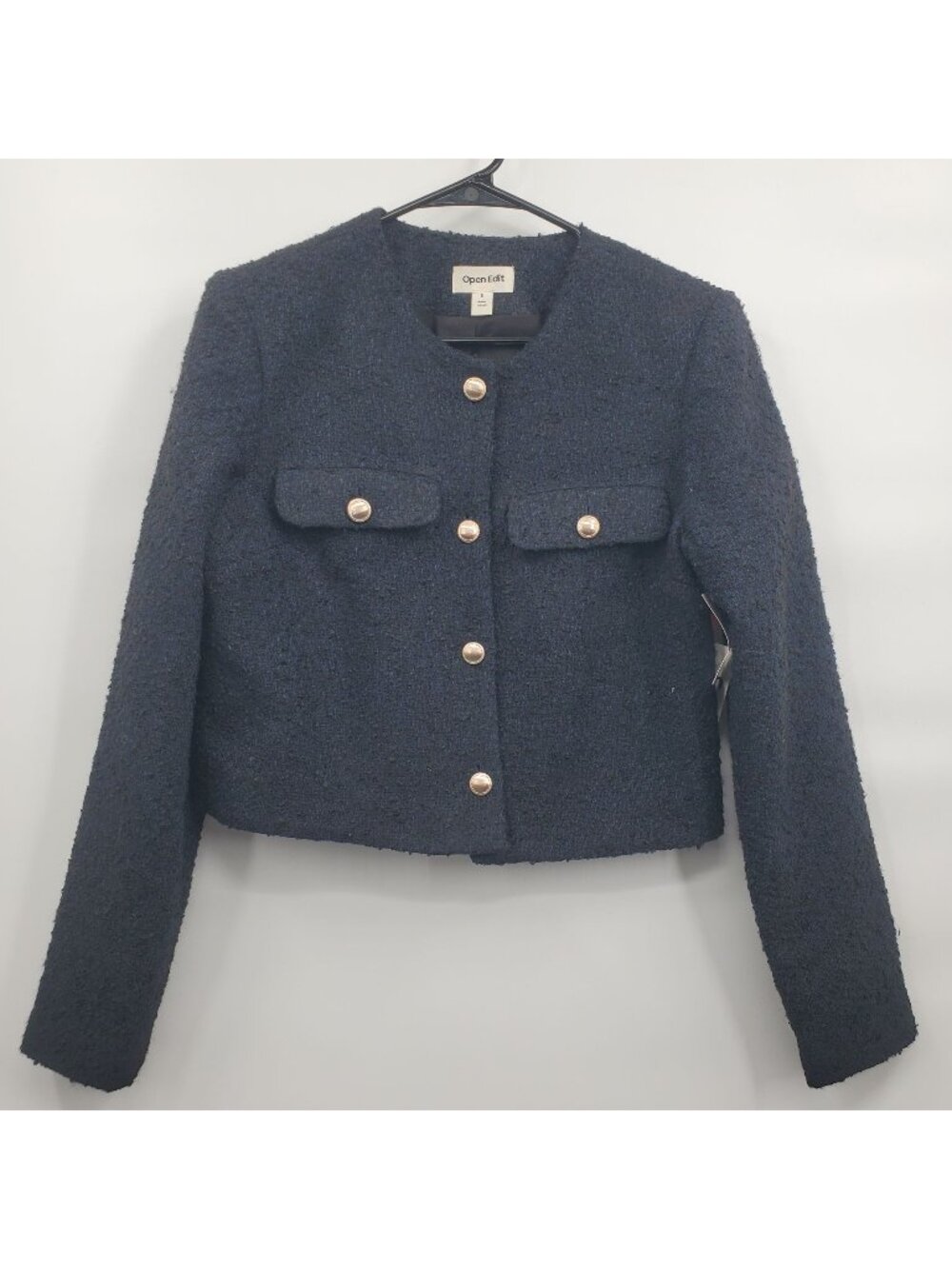 OPEN EDIT Tweed Crop Jacket Top Women Size Small NWT Full Button Up Navy Blue